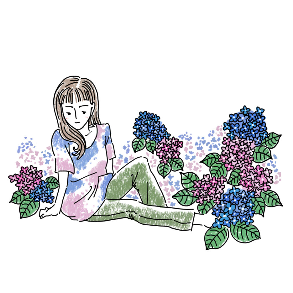 紫陽花のそばに腰掛けている女性のイラストです。