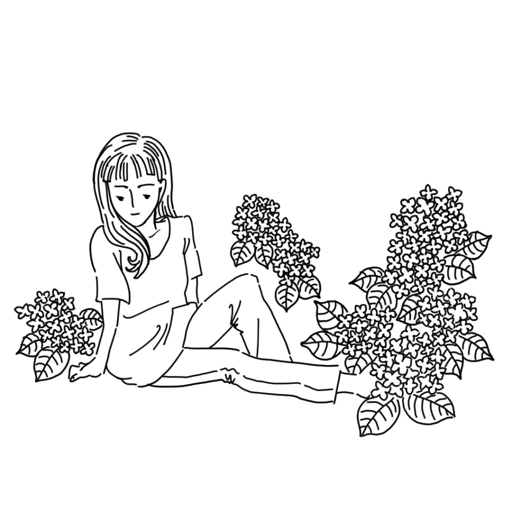 紫陽花のそばに腰掛けている女性のイラストの線画です。